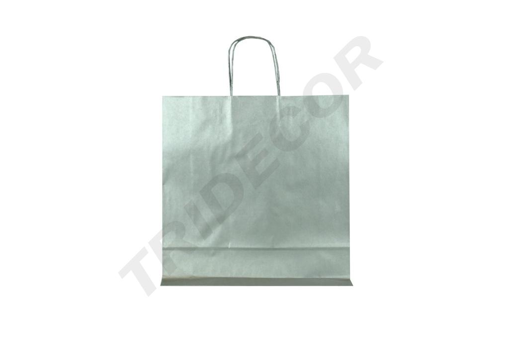 Bolsa de papel de celulosa con asa rizada plateada, 37x27x12 cm, 25 unidades