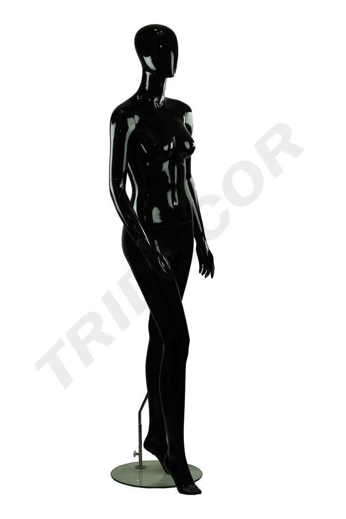 Maniquí femenino de fibra de vidrio en negro brillante sin características