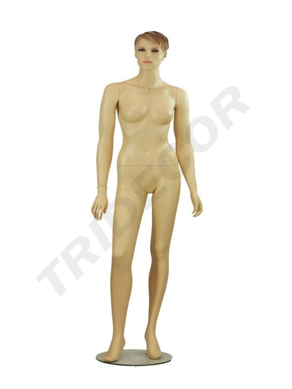 Maniquí femenino de fibra de vidrio color carne con cabello tallado