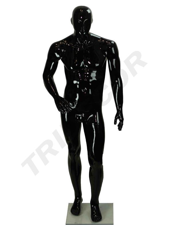 Maniquí Masculino de Fibra de Vidrio Negro Brillante con Características Teñidas