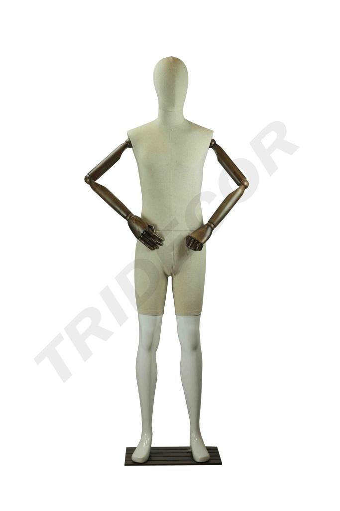 Maniquí en Tela y Blanco Brillante con Brazos Articulados y Base Oscura