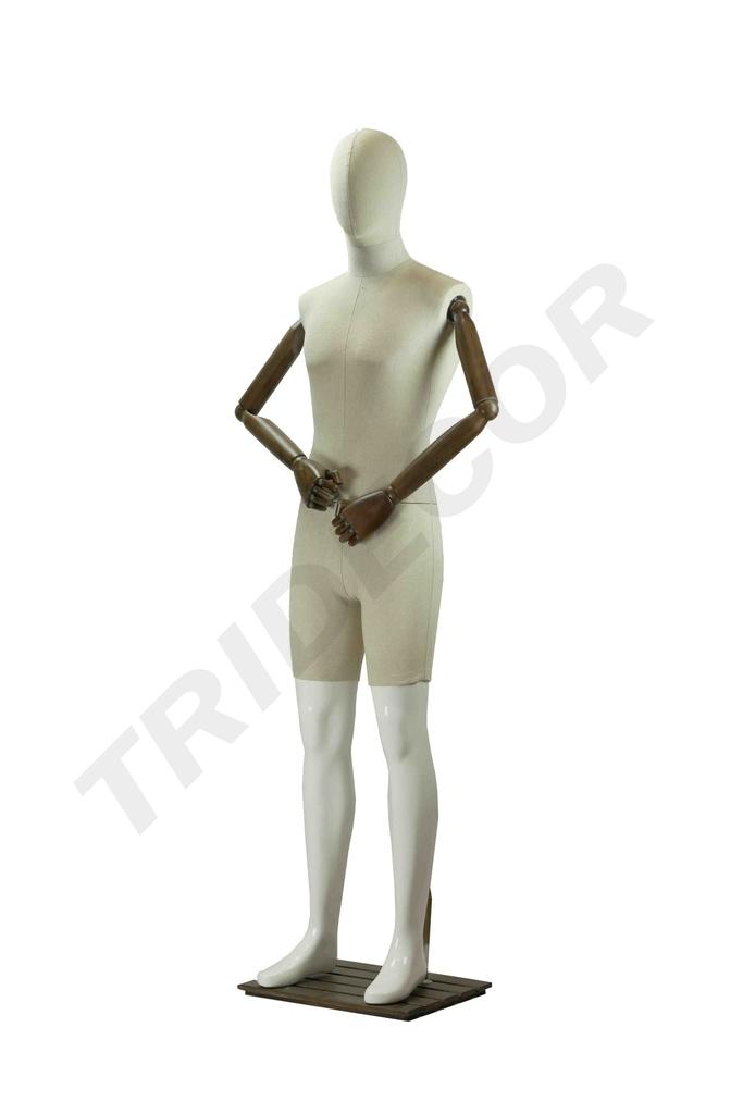 Maniquí en Tela y Blanco Brillante con Brazos Articulados y Base Oscura