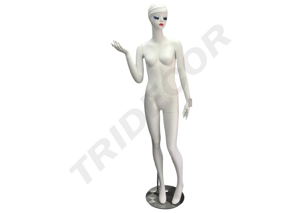 Maniquí femenino en blanco mate con pestañas azules y cabello esculpido