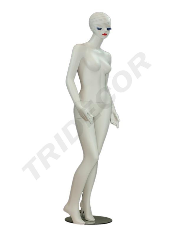 Maniquí femenino de fibra de vidrio blanco mate con pestañas azules y bios rojos