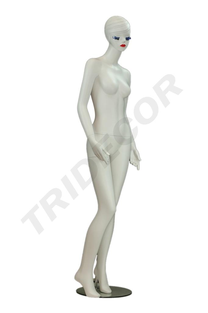Maniquí femenino de fibra de vidrio blanco mate con pestañas azules y bios rojos