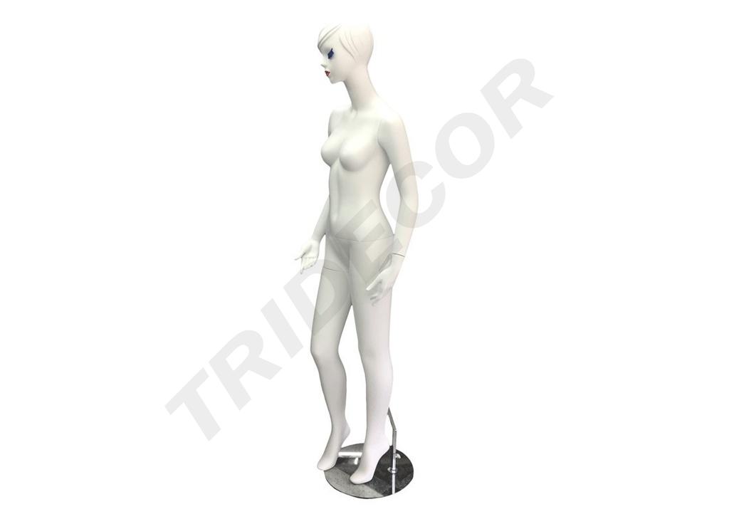 Maniquí femenino de fibra de vidrio blanco mate con pestañas azules y bios rojos