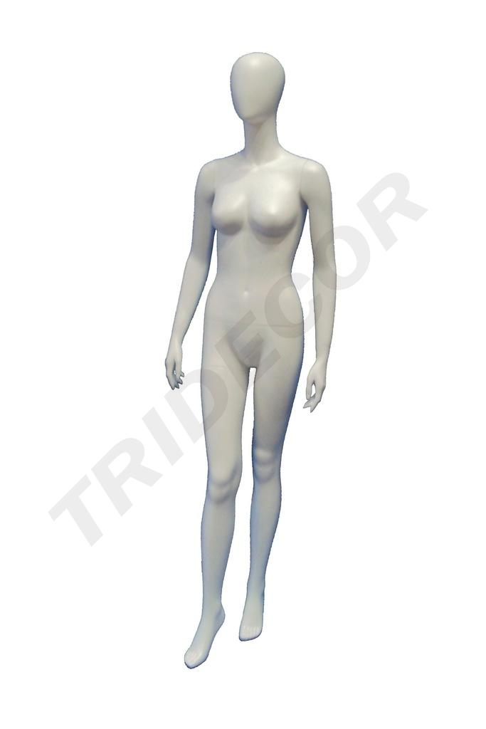 Maniquí femenino en blanco mate sin rostro con pie adelantado