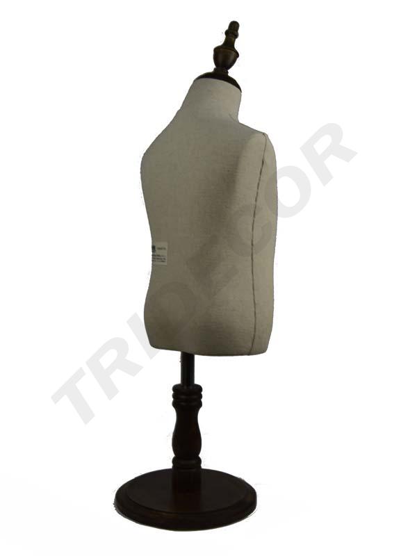 Busto de lino de un niño sin cabeza y brazos con copa y base redonda de madera oscura