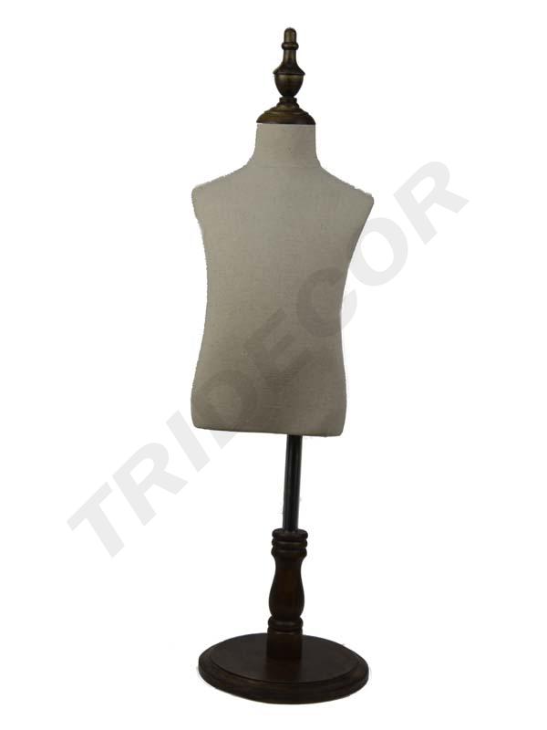 Busto de lino de un niño sin cabeza y brazos con copa y base redonda de madera oscura