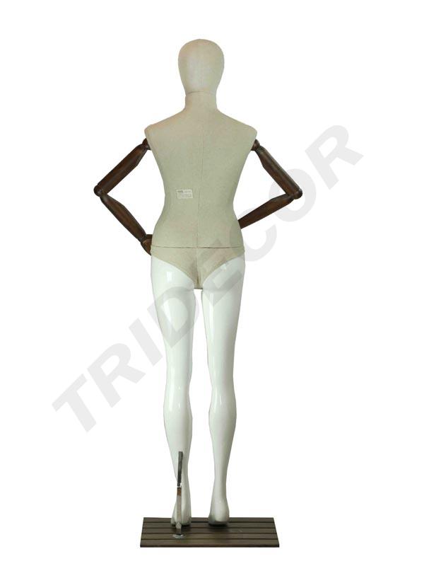 Maniquí femenino blanco brillante y de tela con brazos articulados de madera