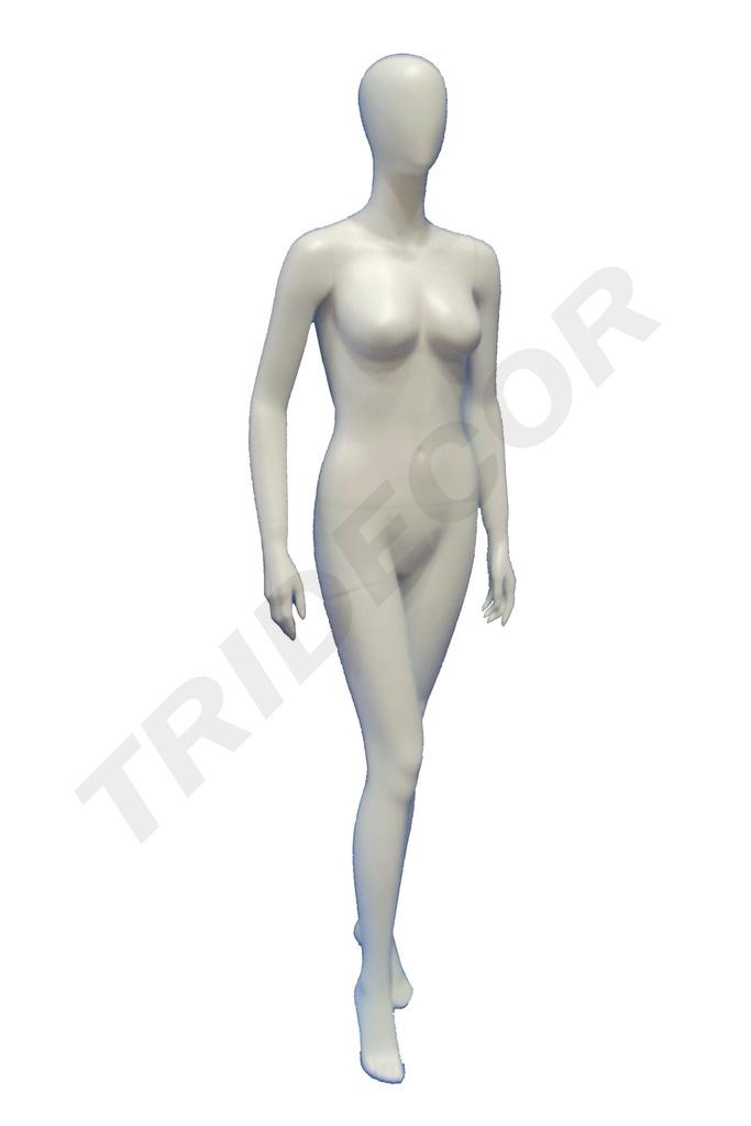 Maniquí femenino en blanco mate sin rostro con pie adelantado