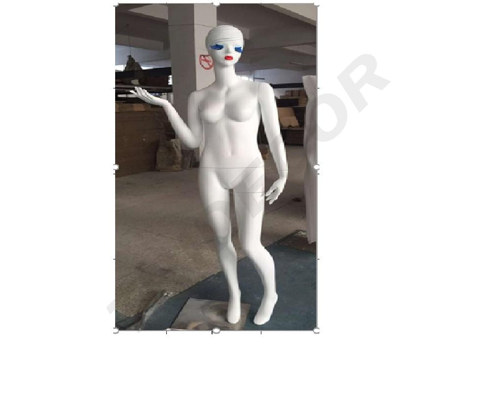 Maniquí femenino en blanco mate con pestañas azules y cabello esculpido