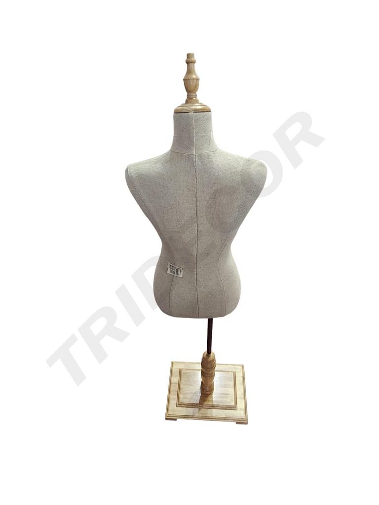 Busto de Mujer en Lino Amarillo con Copa y Base Rectangular de Madera Clara