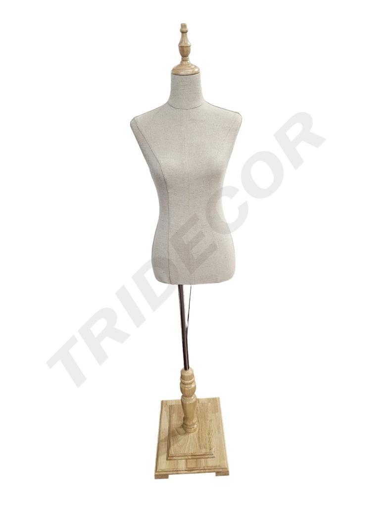 Busto de Mujer en Lino Amarillo con Copa y Base Rectangular de Madera Clara