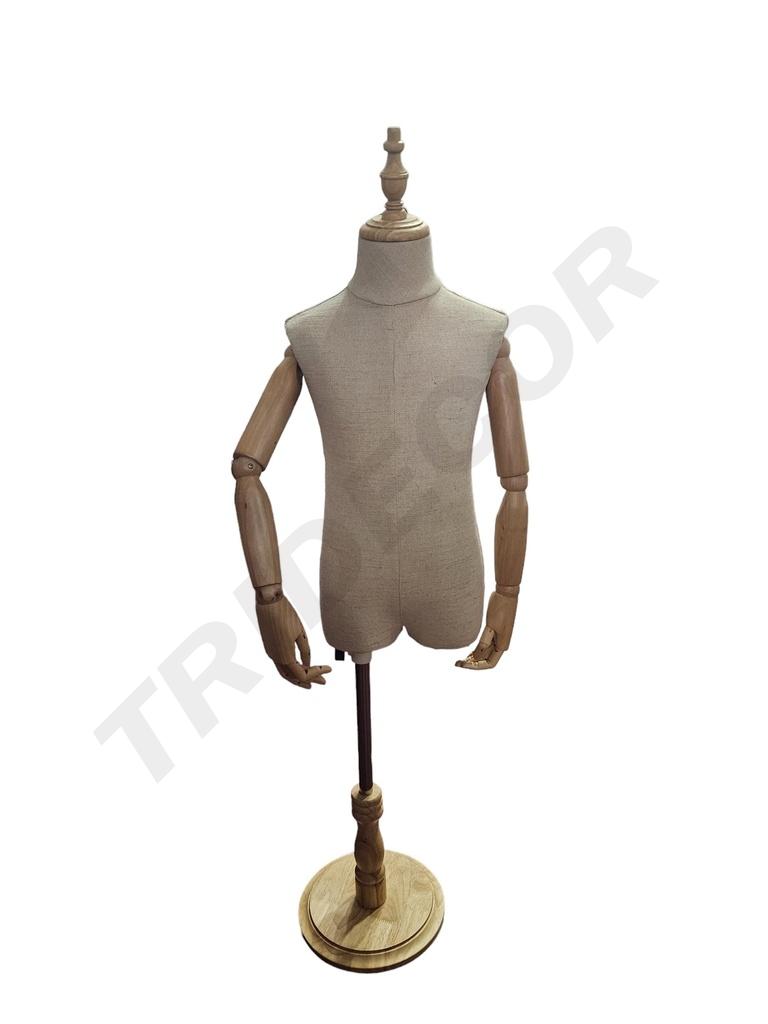 儿童模特 带手无头 配原木色哑光小圆 Busto Infantil Tela Con Brazo Sin Cabeza Base Madera Clara Redonda