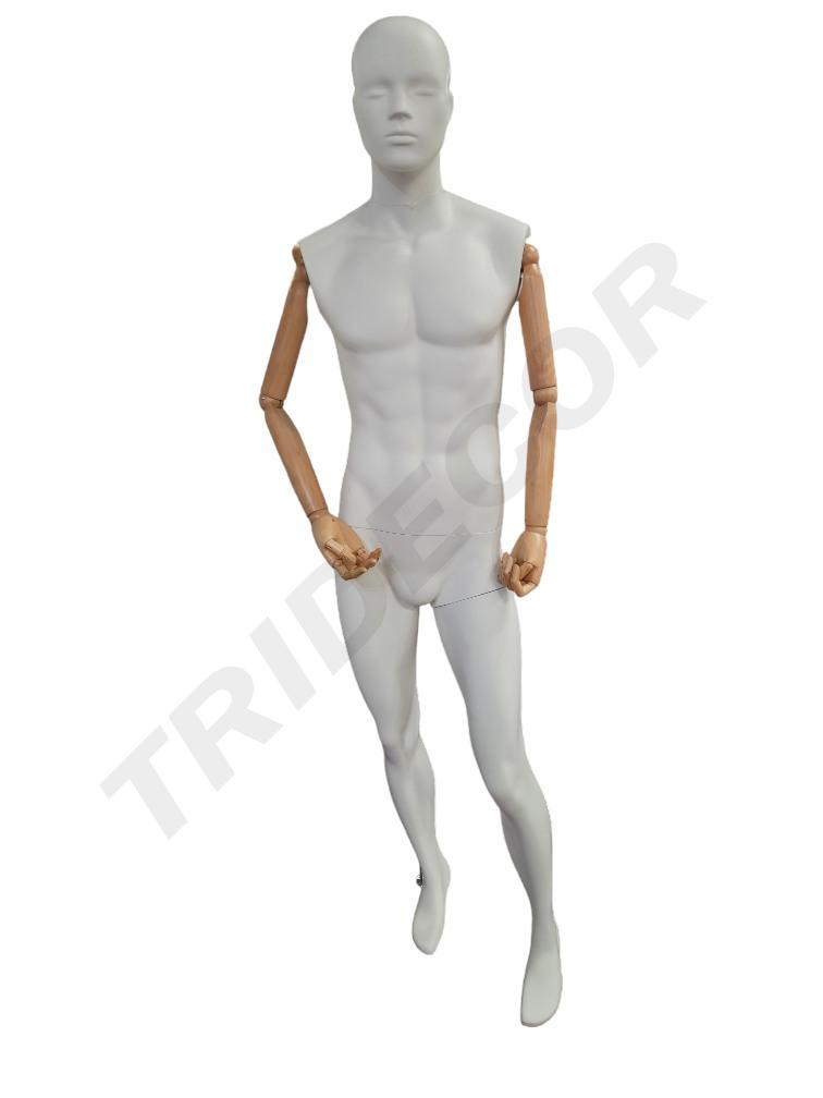 F-25Mq男模特 配原木色手臂 Maniqui Hombre Pie Adelantado Blanco Mate Brazo Claro Base Acero Inox 