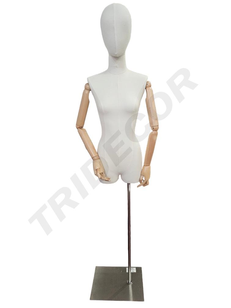 Woman Bust Linen Square Base Silver Wooden Arm