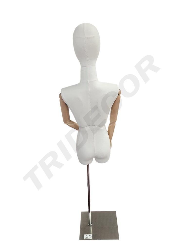 Busto em tecido com cabeça Base Dourada braços em madeira clara corpo articulado