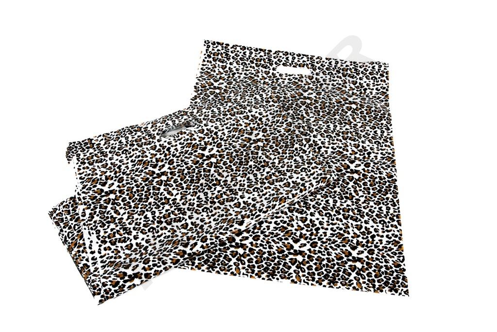 Borsa di plastica con stampa leopardata 35x45 cm con manico ritagliato, 100 pezzi
