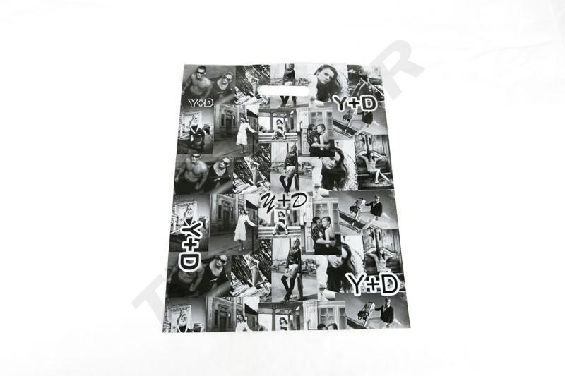 100 peças de sacos plásticos com fotos, alça recortada, 25X35cm em preto e branco
