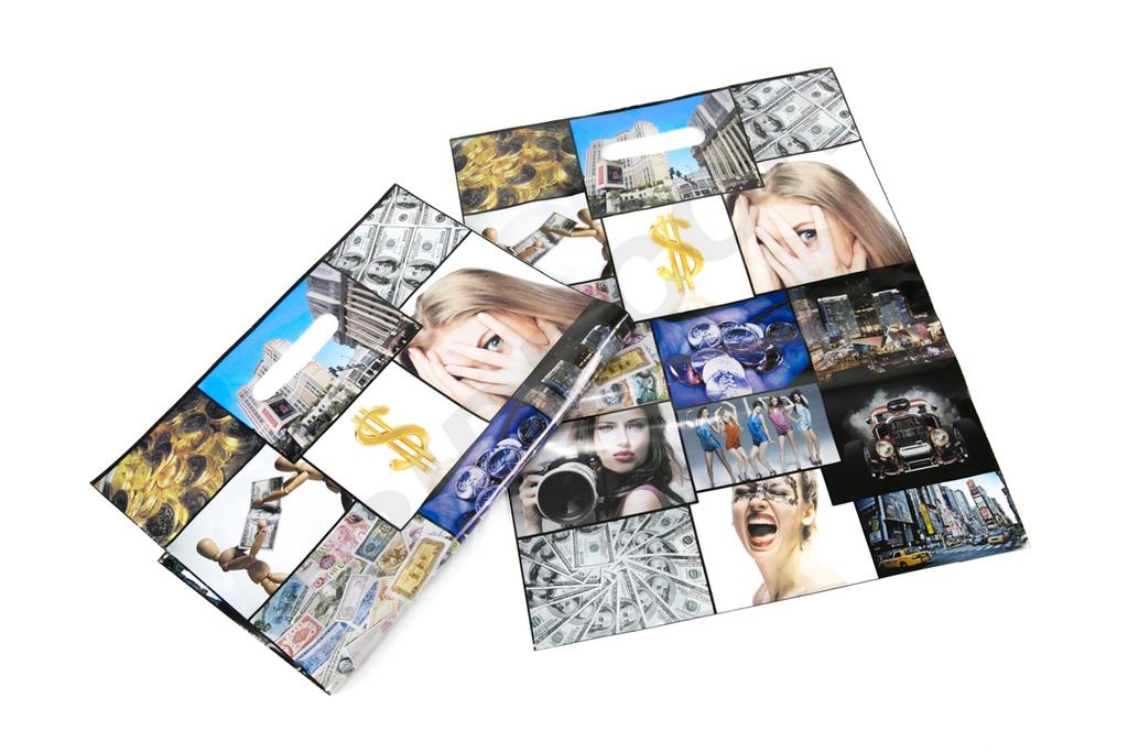 Color photo bags, 100 pcs, with perforated handle 35X45 cm