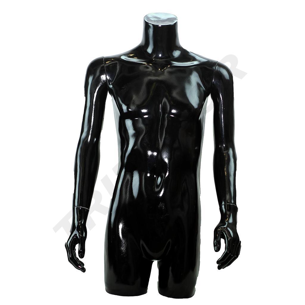 Busto masculino completo em fibra de vidro com braços, envernizado a preto