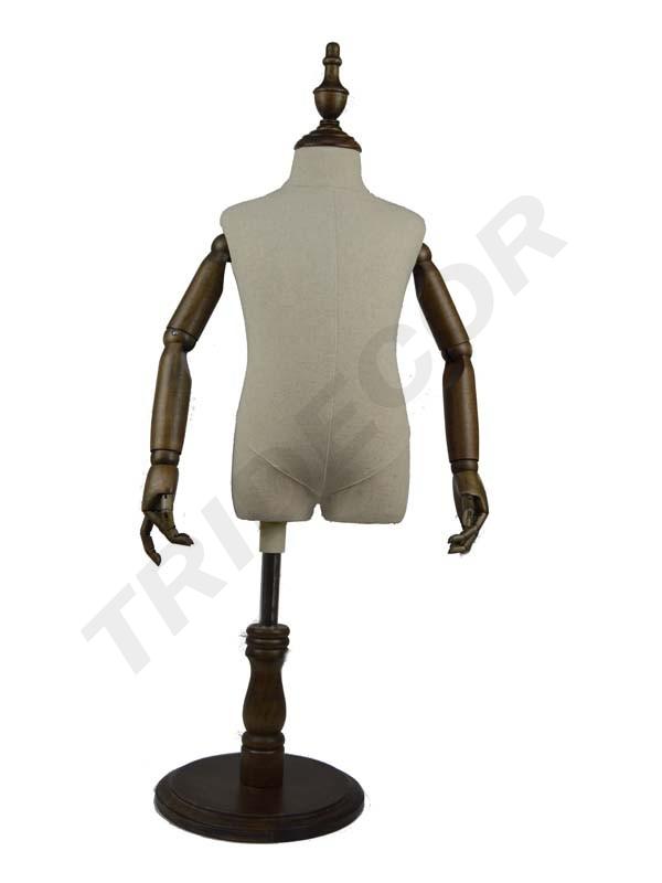 小孩包布模特带手臂 Busto Infantil de Tela Sin Cabeza Con Brazo Oscuro y Base Madera Redonda Oscura