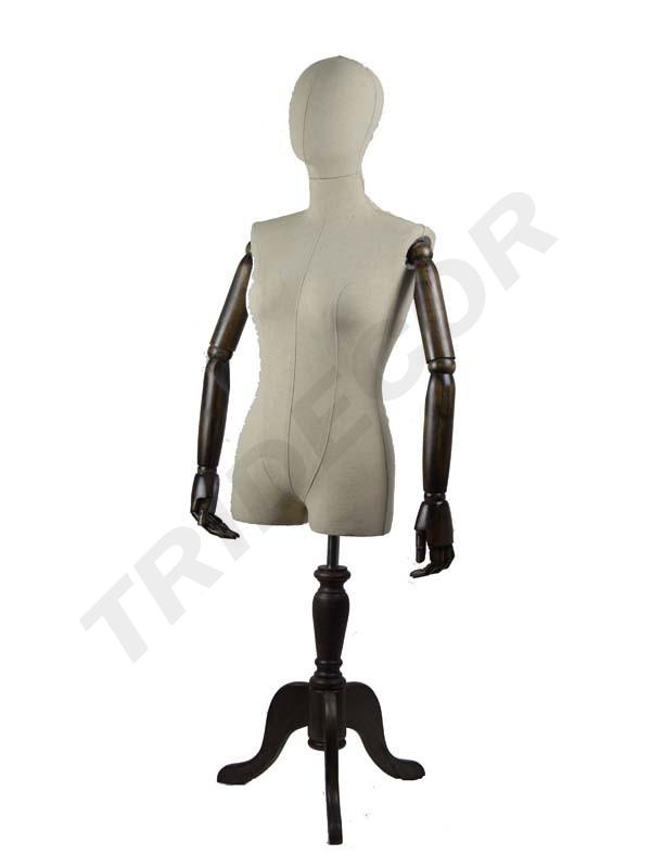 Busto de mulher em linho com cabeça e braços articulados com suporte de madeira escura