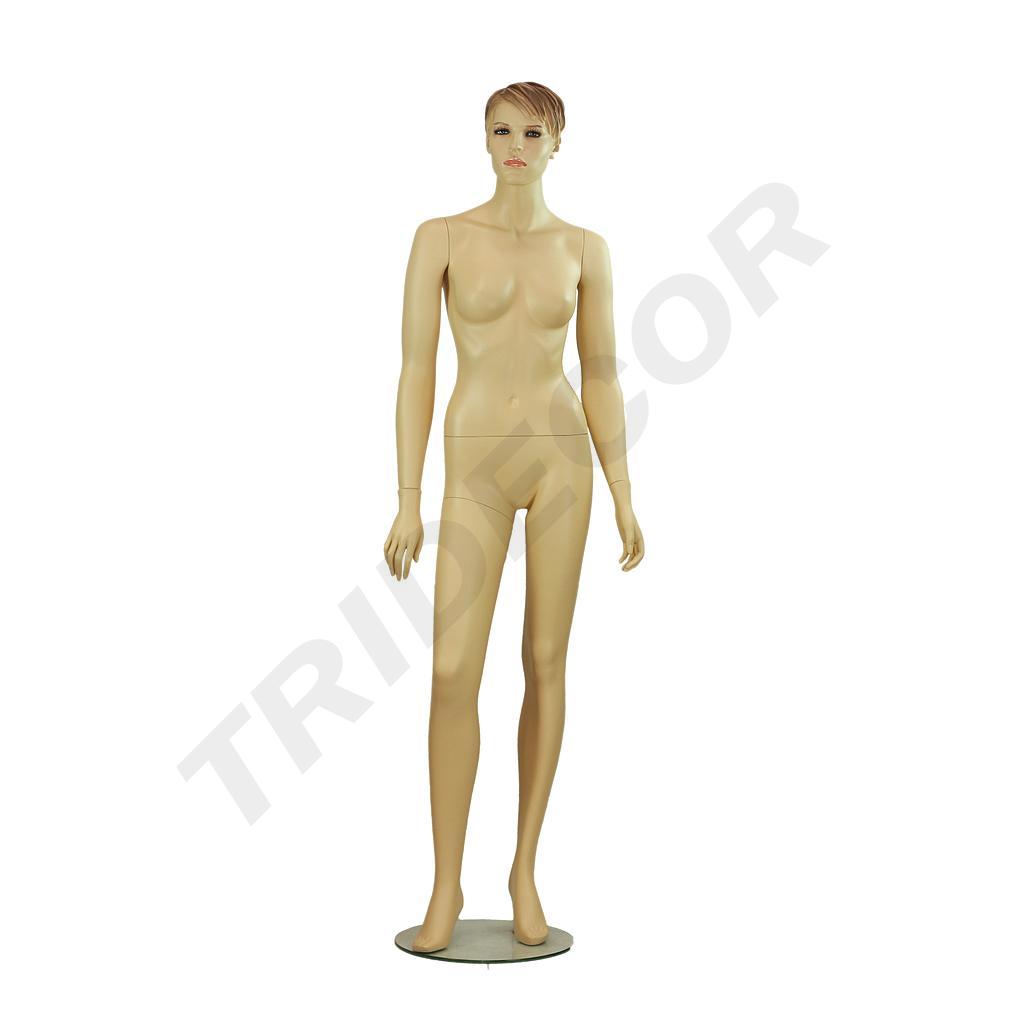 Hautfarbene Fiberglas-Frauenmannequin mit geschnitzten Haaren