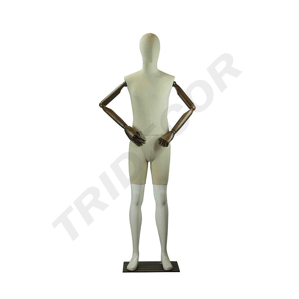 Manichino in tessuto e bianco lucido con braccia articolate e base scura