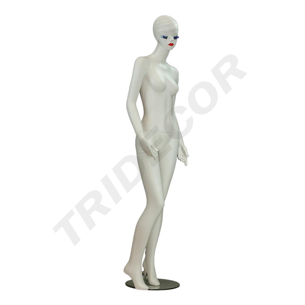 Manequim feminino de fibra de vidro branco fosco com pestanas azuis e bios vermelhos