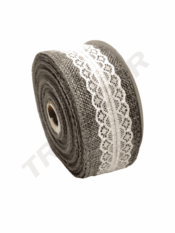 Ruban et dentelle en toile de jute grise 9m