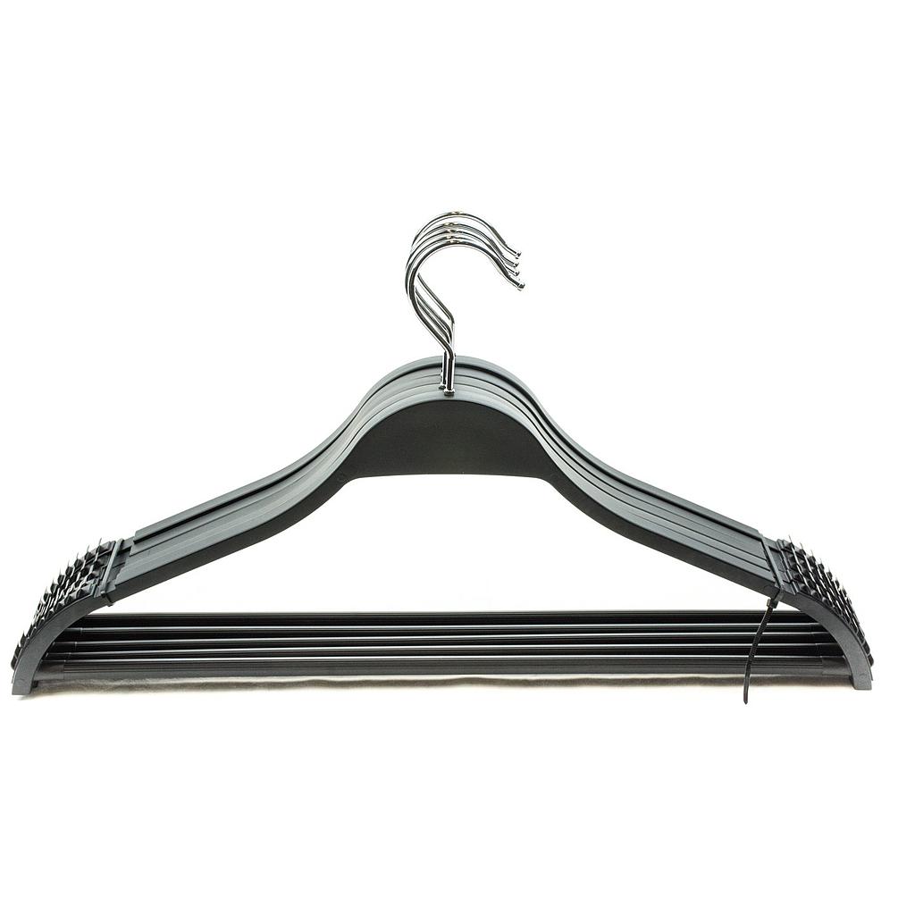Perchas Negras Ranuradas con Barra y Antideslizante 43 cm 5 Unidades