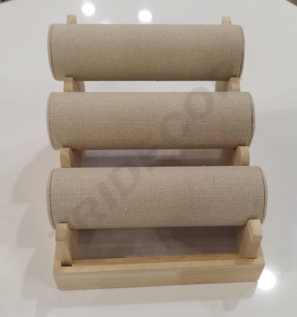 EXPOSITOR DE 3 PALOS PARA PULSERA Y RELOJ ,MADERA Y LINO