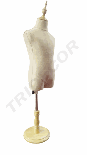[040894] 儿童模特 无手无头 配哑光原木色小圆 Busto Infantil Tela Sin Brazo Sin Cabeza Base Madera Clara Redonda