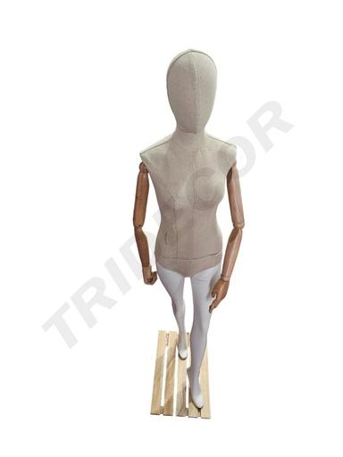 [041095] Woman Mannequin In Fabric With Articulated Arms And Light Wood Base