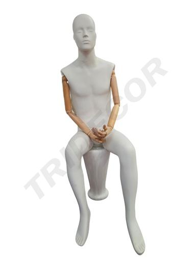 [041282] 男坐模 带原木色手臂 Maniqui Hombre Sentado Blanco Mate Brazo Claro
