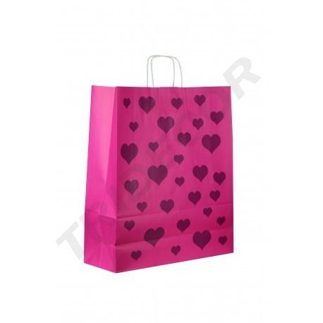 [010011] Sac de hârtie de celuloză cu mâner încurcat, dimensiune 22X10X27CM, culoare fucsia cu inimi, 25 de unități