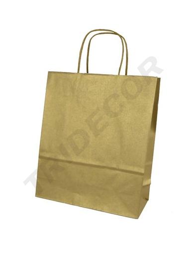 [010593] Sacchetto di carta di cellulosa con manico riccio, colore oro, 27X12X37 cm, 25 unità