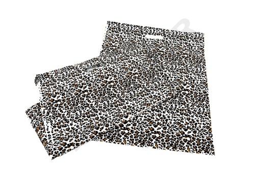 [010229] Borsa di plastica con stampa leopardata 35x45 cm con manico ritagliato, 100 pezzi