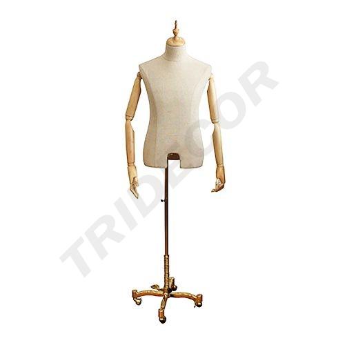 [040903] Büste eines Mannes in gelbem Leinen mit hellholzfarbenem Becher und Armen sowie goldener metallischer Basis mit Rädern