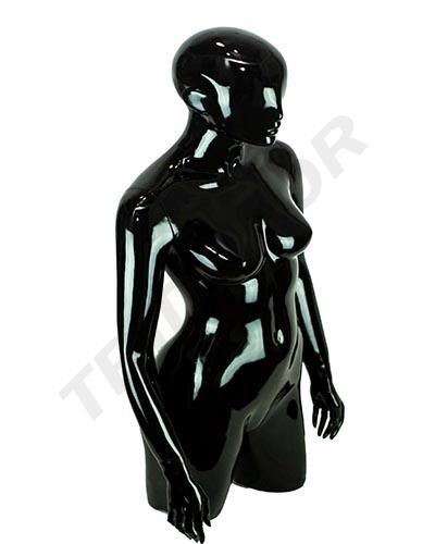 [040342] Maniqui Busto De Mujer Negro Brillo Con Cabeza Y Brazos
