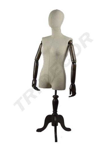 [040383] Buste de femme en lin avec tête et bras articulés sur socle en bois foncé