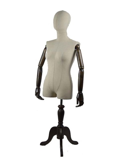 [040383] Busto de mulher em linho com cabeça e braços articulados com suporte de madeira escura