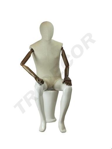 [040874] 白麻包布男坐模 Maniqui de Hombre Fibra Vidrio y Tela Blanco Brillo Sentado Con Brazos Articulados