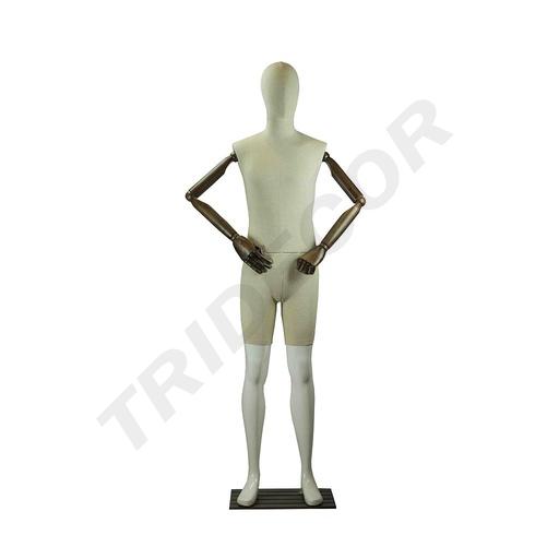 [040876] Schaufensterpuppe in Stoff und glänzend Weiß mit beweglichen Armen und dunkler Basis