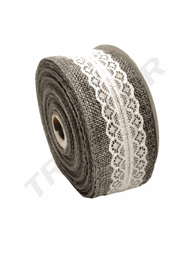 [014839-G] 麻袋织物带 灰色和蕾丝 9m Cinta Tela de Saco Gris y Puntilla 9m