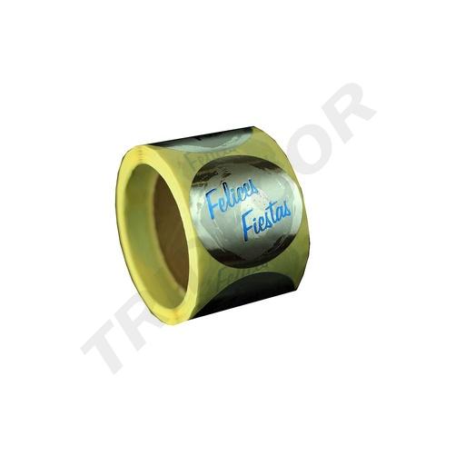 [014475] 贴纸“节日快乐”银色背景 Pegatina "Felices Fiestas " Azul Fondo Plata 4.5cm 250-Rollo