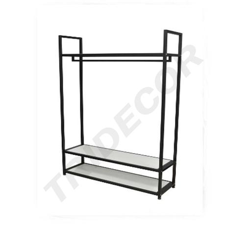 [038297] Cabide de casacos preto com 3 prateleiras de madeira, Medidas: 179X120X35.5cm