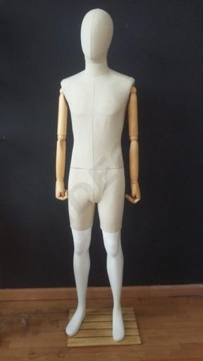 [041258] Manequim Masculino Branco com Tecido e Braços Articulados em Madeira Leve